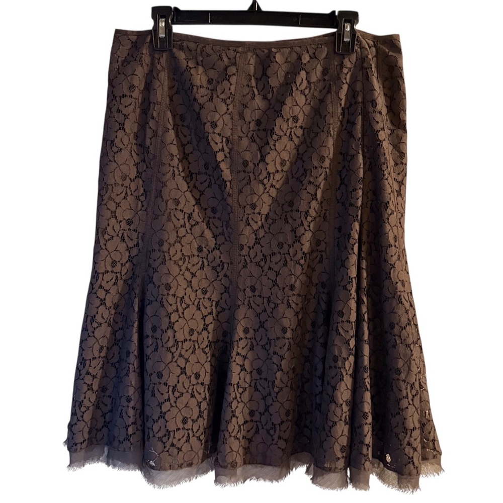 Brown Lace A Line Midi Skirt Flowy Feminine Romantic Size 12
